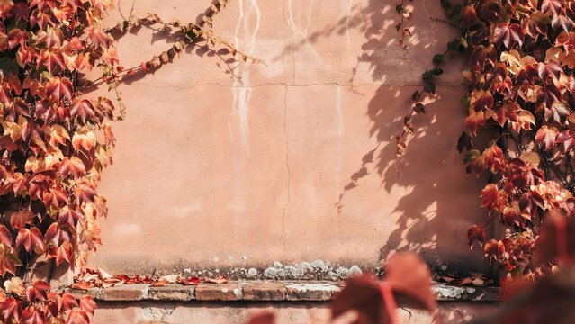 Terracotta wall draped in red and golden autumn ivy &ndash; Ideal for Mediterranean architecture, rustic seasonal background, or copy space.