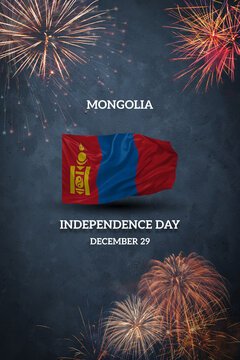 National flag of Mongolia and fireworks for anniversary Independence