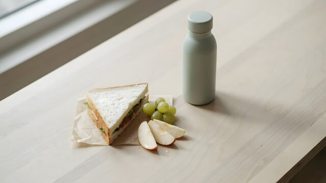Minimalist school lunch with sandwich apple and water bottle &ndash; Suitable for healthy lifestyle blogs, meal prep, or education content.