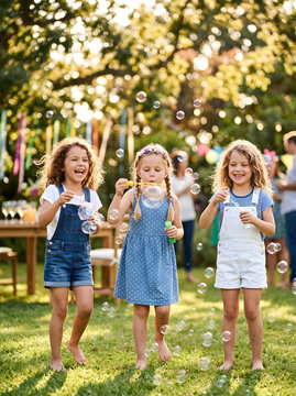 Three Happy Young Girls Blowing Soap Bubbles In A Sunny Garden Party