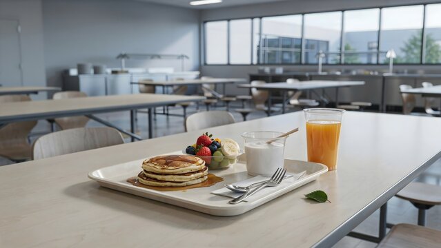 Breakfast meal tray with pancakes and juice in cafeteria &ndash; Great for child care services, education marketing, or morning routine.
