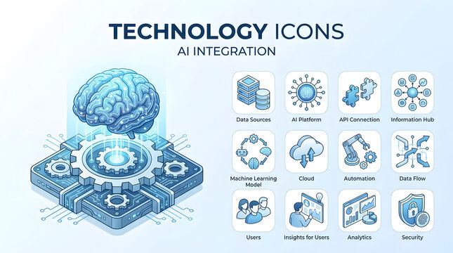 Technology Icons - AI Integration: A collection of isometric technology icons illustrating AI integration, featuring a stylized brain connected to gears and various service icons.