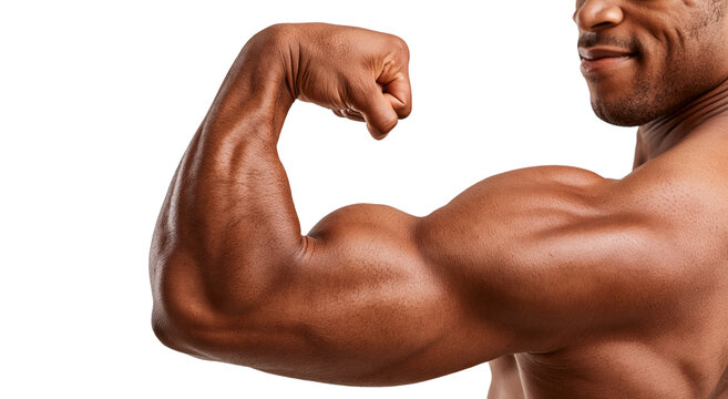 close-up of a male bicep flexing the muscle, isolated on a transparent background 