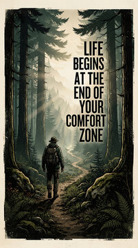 Hiker walking along a dirt trail through a dense misty pine forest with inspirational comfort zone typography poster tall trees adventure backpack