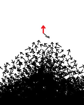 Concept of leadership, individuality with red arrow moving up from chaotic crowd. choosing its own direction forward. Symbol of to be leader, success, standing out, motivation, business strategy.