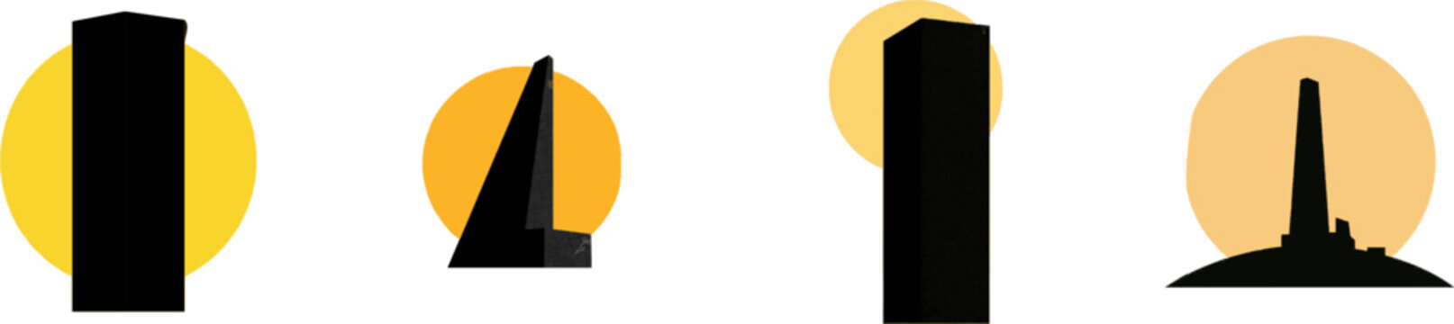 A minimalist flat vector icon features a bold black monolith against a vibrant yellow semi-circle, exuding modern UI elegance on a pristine white background
