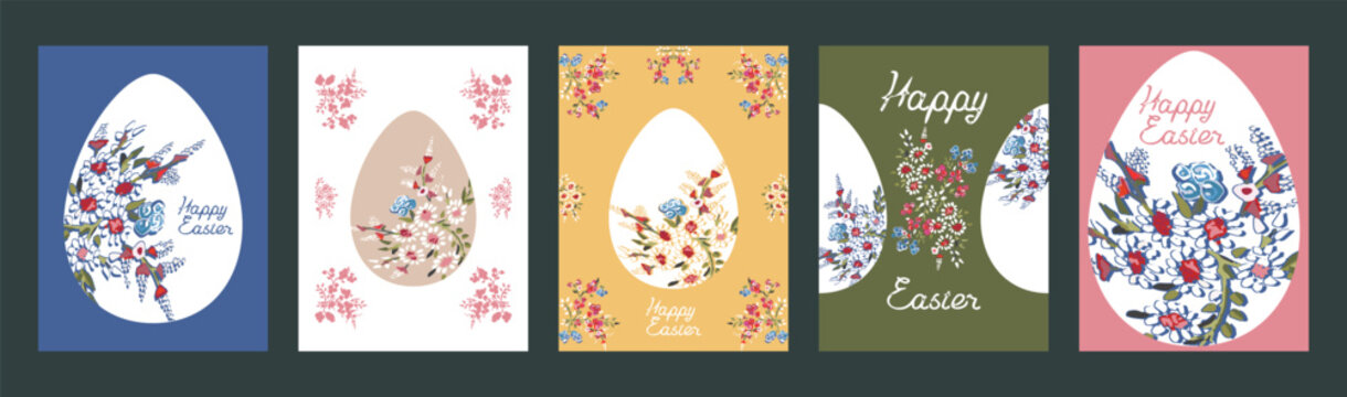 Easter vector greeting card, posters set with floral eggs and hand drawn lettering