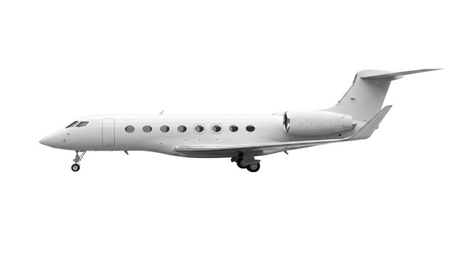 Private jet aircraft isolated on white background. Luxury business jet side view. Modern white corporate airplane for travel and transport.