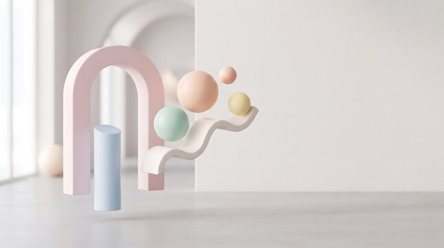Abstract background featuring floating pastel spheres and geometric shapes arranged in a soft minimalist architectural setting for modern creative product display