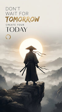 Samurai warrior standing on cliff edge at sunrise with motivational quote text overlay sunrise landscape japanese warrior traditional costume