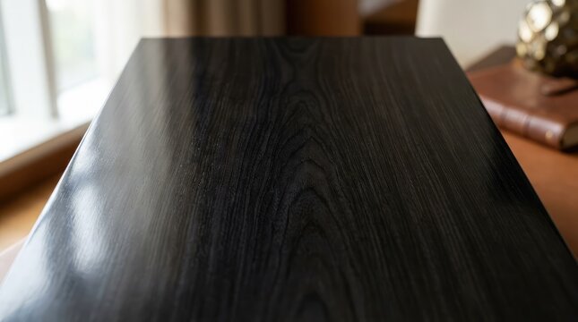 Close-up of smooth dark ebony wood grain texture for luxury furniture and interior design surfaces