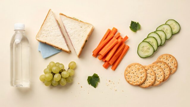 Geometric food flat lay with healthy school lunch items &ndash; Great for educational posters, nutrition infographics, or food blogs.