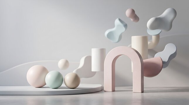 Abstract composition with soft pastel colored geometric shapes including spheres cylinders and arched forms arranged on a minimalist podium for product display