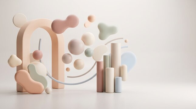 Abstract composition with soft pastel geometric shapes spheres arches and cylinders floating in a minimal bright white studio space for product display