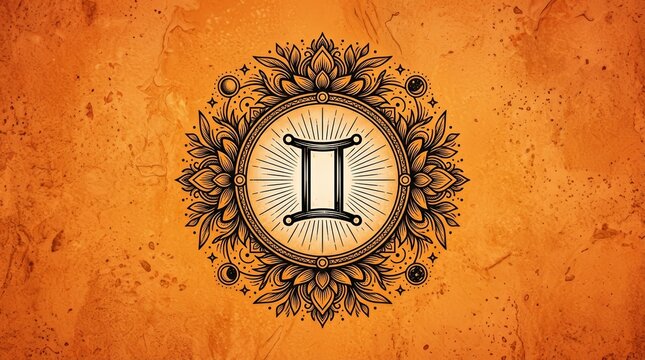 Gemini zodiac symbol prominently displayed on a textured orange background.
