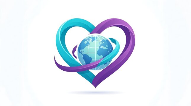 Abstract heart icon design featuring a globe surrounded by fluid blue and purple ribbon shapes representing global unity and environmental care concepts