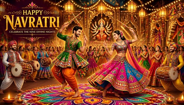 Happy navratri celebration with traditional garba dancers and music, navratri