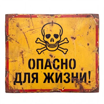 Distressed, weathered old metal warning sign with skull and crossbones. Russian text reads "&ETH;ž&ETH;&Yuml;&ETH;&ETH;&iexcl;&ETH;&ETH;ž &ETH;&rdquo;&ETH;&rsaquo;&ETH;&macr; &ETH;&ndash;&ETH;&tilde;&ETH;&mdash;&ETH;&ETH;&tilde;!" (Dangerous for Life!). Isolated.