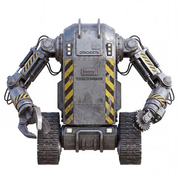 Powerful 3D rendered industrial robot on tank tracks, equipped with a saw blade and claw arm, featuring weathered metal, hazard stripes, and Russian warning signs.