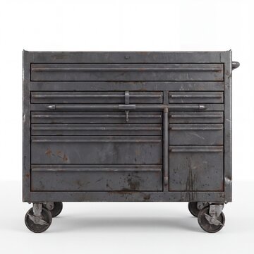 Vintage industrial style gray metal tool chest on casters with multiple drawers, showing signs of wear, scratches, and rust. Perfect for garage or workshop concepts.