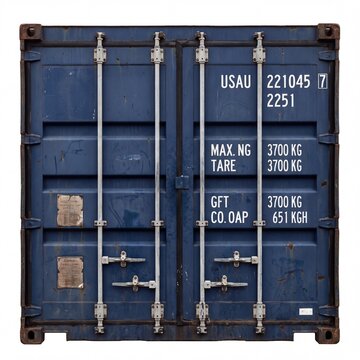 Front view of a weathered blue cargo shipping container door, isolated on white. Featuring industrial details, rust, and markings for global trade and logistics.