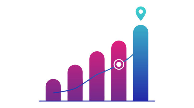Analytics bar chart growth icon with target marker, KPI performance report isolated PNG