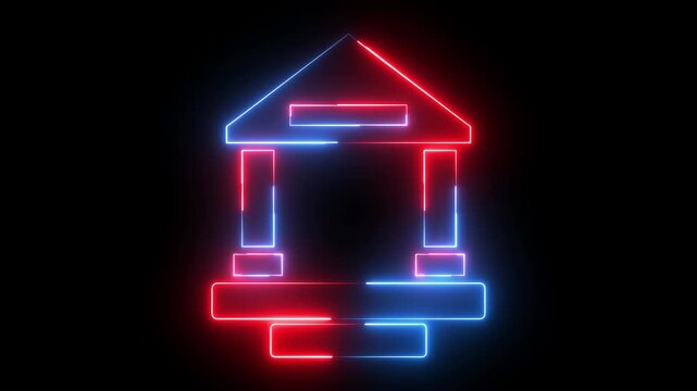 Glowing neon red and blue color home icon animation house apartment building address sign symbol on black background