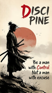 Samurai warrior standing on rocky cliff against large red sun and motivational text with discipline quote japanese warrior sword fighter asian art