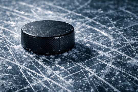Black hockey puck on scratched ice surface for sports background and action banner design