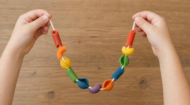 Child holding a colorful handmade necklace made of painted pasta shapes over a wooden background.