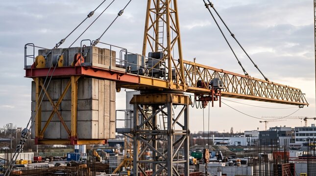 Construction tower crane counterweights and boom closeup at urban building site during overcast day
