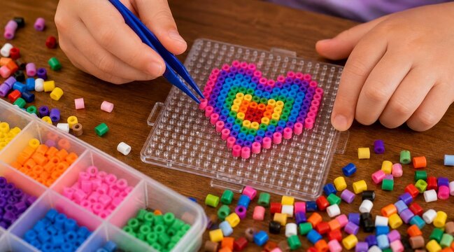Child hands creating a colorful rainbow heart with fuse beads on a pegboard.
