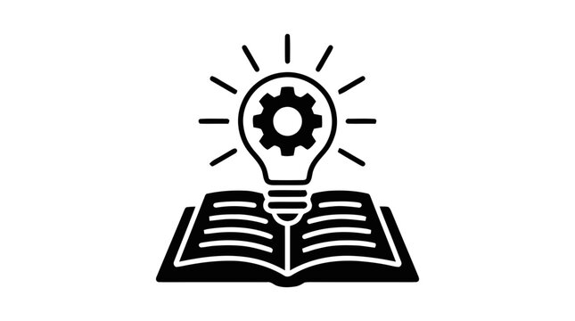 Vector illustration of light bulb with gear icon above an open book with pages on a transparent background