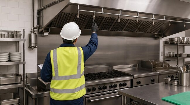 Professional inspector checking commercial kitchen exhaust hood system in industrial restaurant setting.