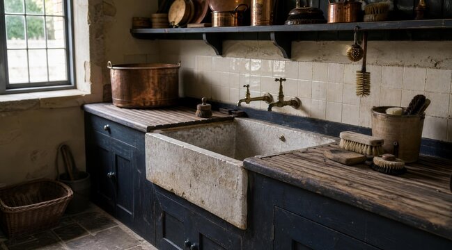 Vintage Rustic Kitchen Interior with Stone Farmhouse Sink and Brass Faucets.