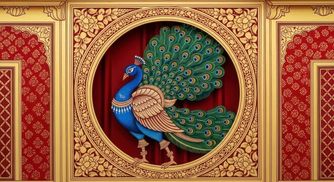 Intricate Golden Peacock Sculpture Adorned with Red and Blue Hues.