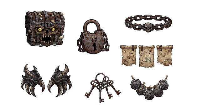 Dark fantasy costume accessories featuring skull chest, chain collar, claw armor and treasure maps vector design