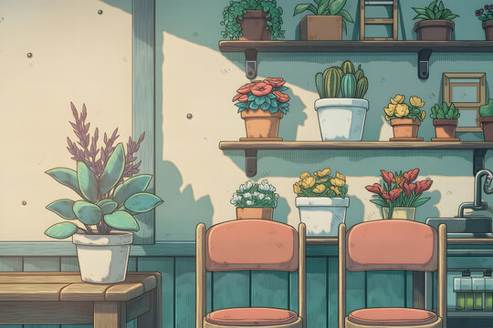 A Cozy Indoor Space Featuring Vibrant Plants and Flowers on Shelves, Perfect for Relaxation and Aesthetic Home Decor Inspiration