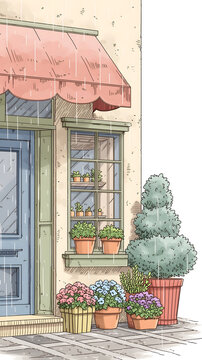 Charming Rainy Day Scene with Colorful Flower Pots and Greenery Welcomes You Home