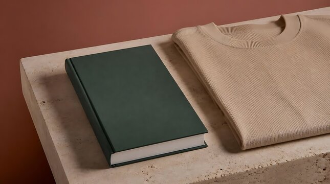 Minimalist composition of a closed book and a folded tshirt on a textured surface.