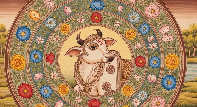 Intricate Indian Art Depicting a Sacred Cow Adorned with Flowers.