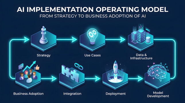 AI Implementation Operating Model: A detailed infographic illustrates the AI implementation operating model, from strategy to business adoption, highlighting key stages like use cases.