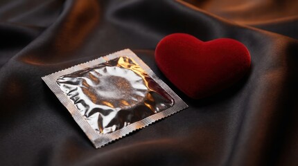 Obraz premium Condom foil pack lying beside red velvet heart on elegant dark satin fabric.
