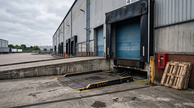 Empty industrial loading dock with closed blue doors, raised ramp and weathered pallets