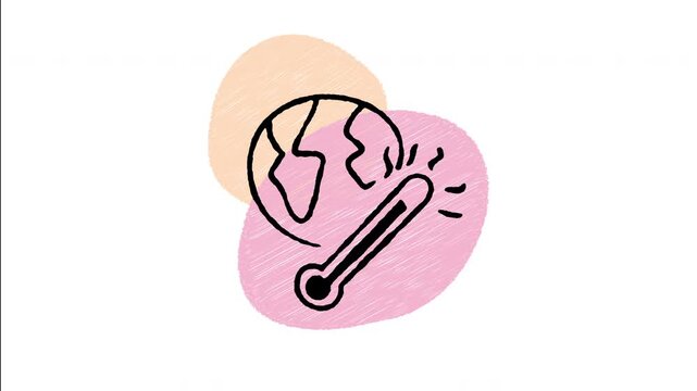 An animated hand-drawn Earth globe next to a high temperature thermometer. Ideal for global warming alerts, climate change crisis, and hot weather.