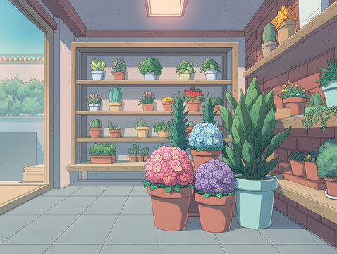 Explore a Colorful Indoor Garden Scene with Various Potted Plants and Flowers Perfect for Home Decor and Green Living Enthusiasts
