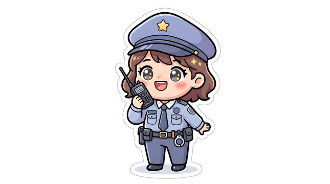 Friendly female police officer cartoon character giving a salute, wearing a blue police uniform and cap.