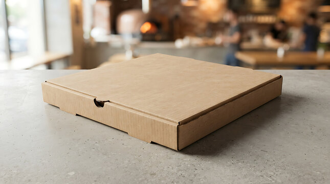 Flat cardboard pizza box with brown kraft paper texture on a concrete countertop carton packaging isolated on a transparent background