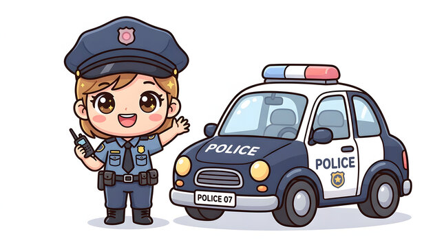 Cute cartoon police officer standing beside a police car, representing patrol, law enforcement, and emergency services.