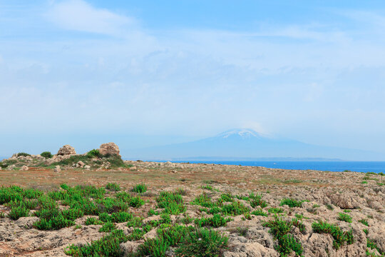 Peaceful highland meadow on sea shore with background panoramic view on Enta mount volcano
